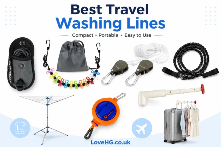 Best travel washing lines with portable washing lines, clothesline accessories, retractable line, folding dryer and travel clothes hanger. LoveHG.co.uk.