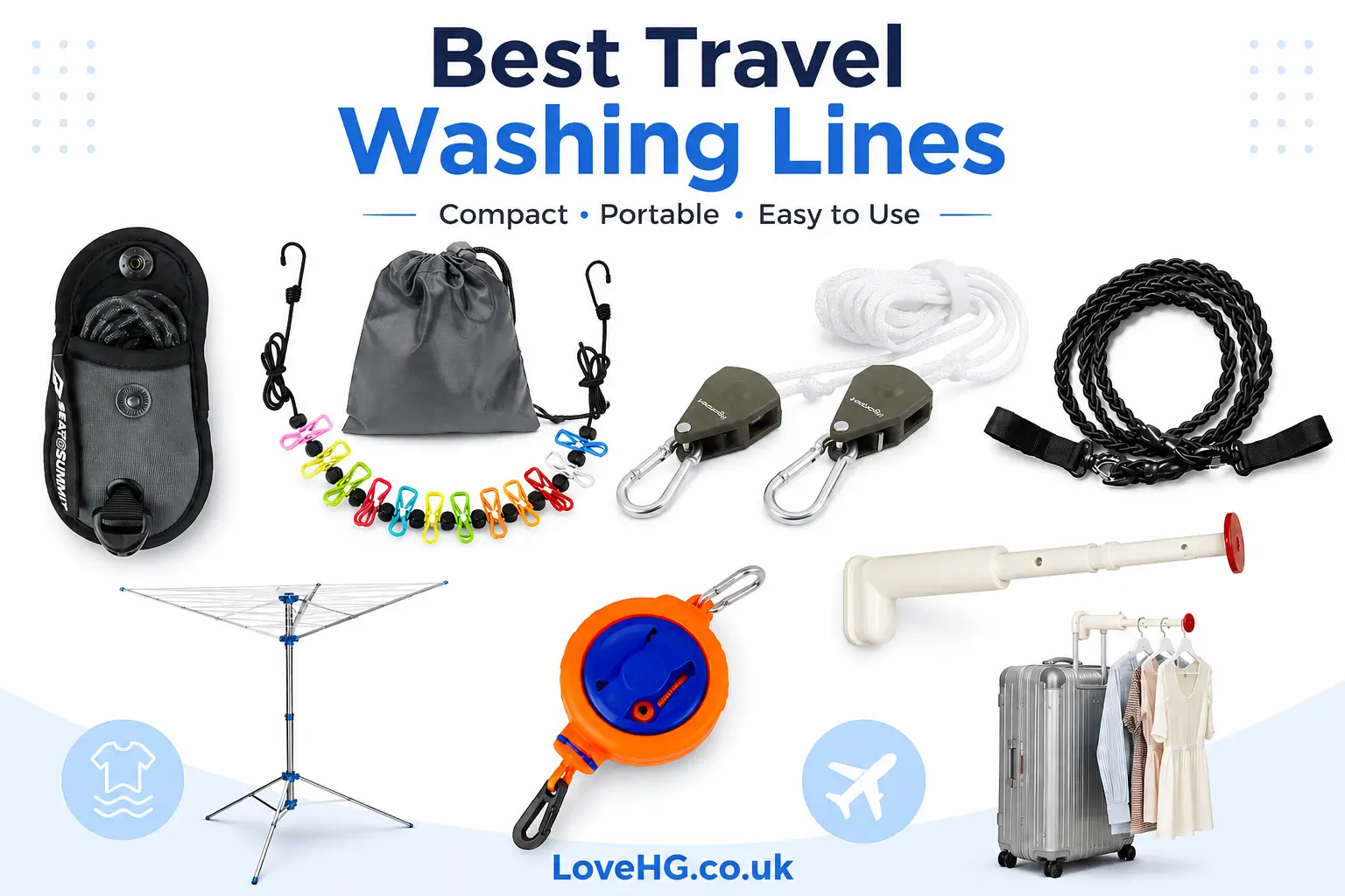 Best travel washing lines with portable washing lines, clothesline accessories, retractable line, folding dryer and travel clothes hanger. LoveHG.co.uk.
