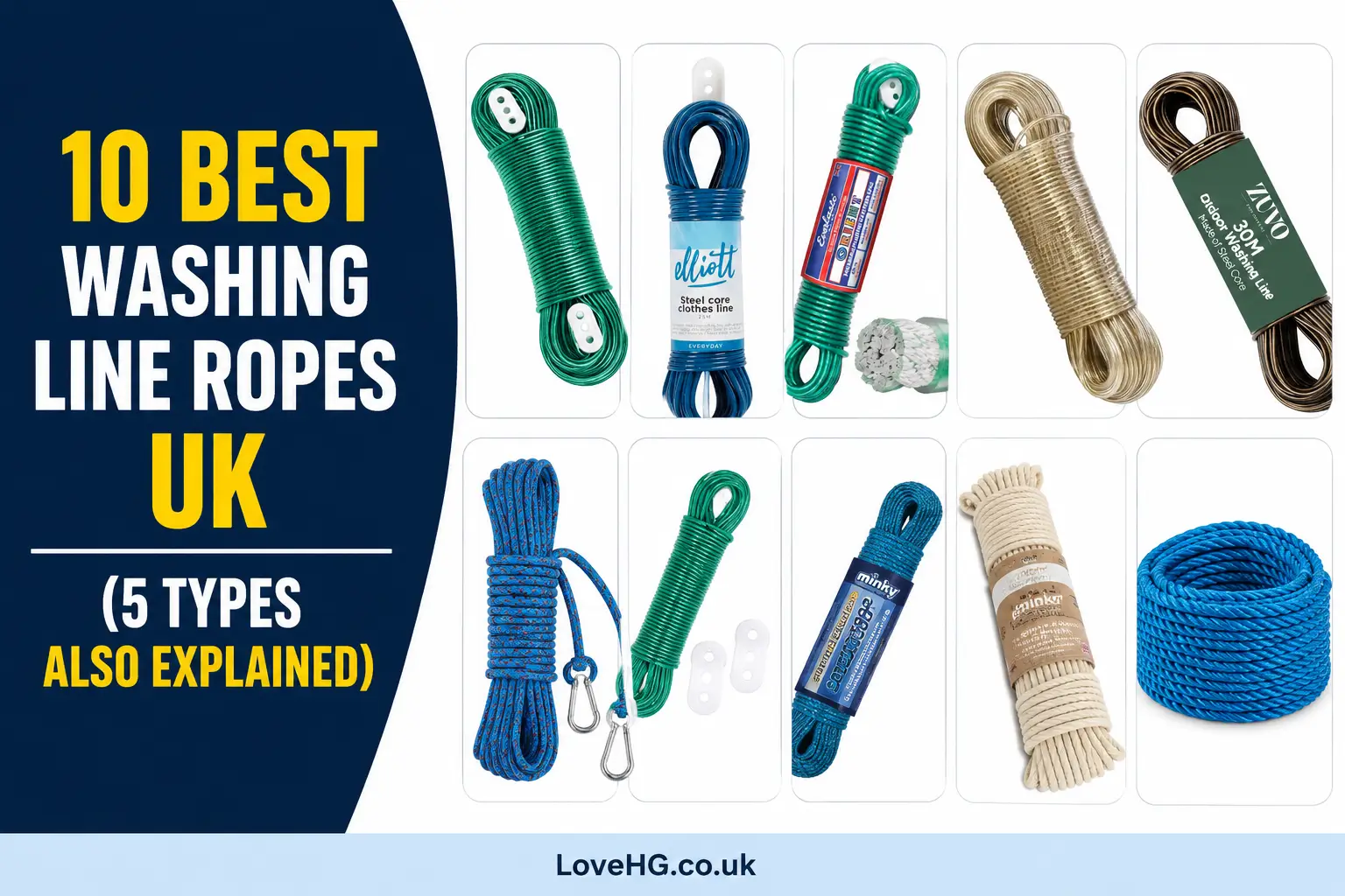10 best washing line ropes in the UK, featuring different rope types and styles, with LoveHG.co.uk text at the bottom.