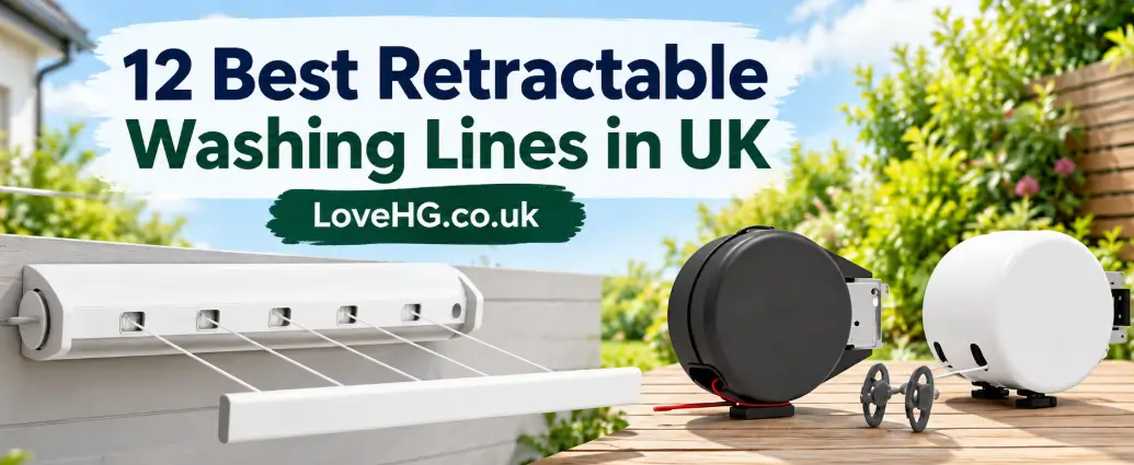 12 Best Retractable Washing Lines in UK – wall-mounted and reel-style retractable washing lines in a garden setting, with LoveHG.co.uk branding