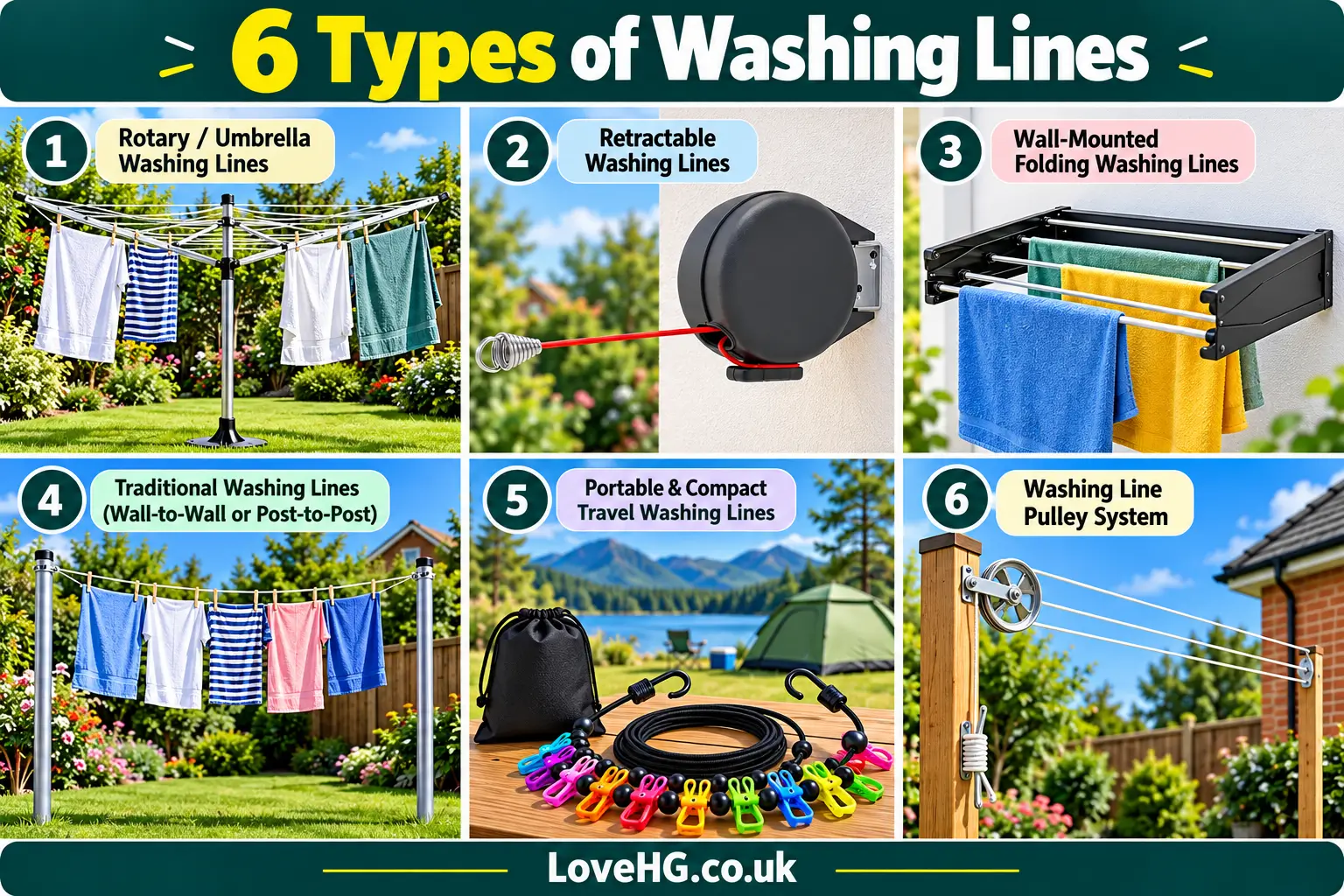 All 6 types of washing lines explained by LoveHG, including rotary, retractable, wall-mounted, traditional, portable travel and pulley washing lines.