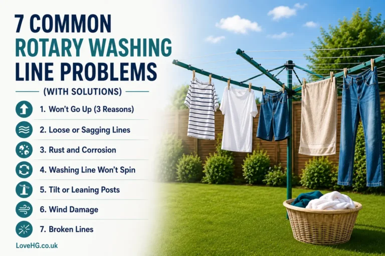 7 common rotary washing line problems with solutions, including lines not going up, sagging lines, rust, spinning problems, leaning posts, wind damage and broken lines.