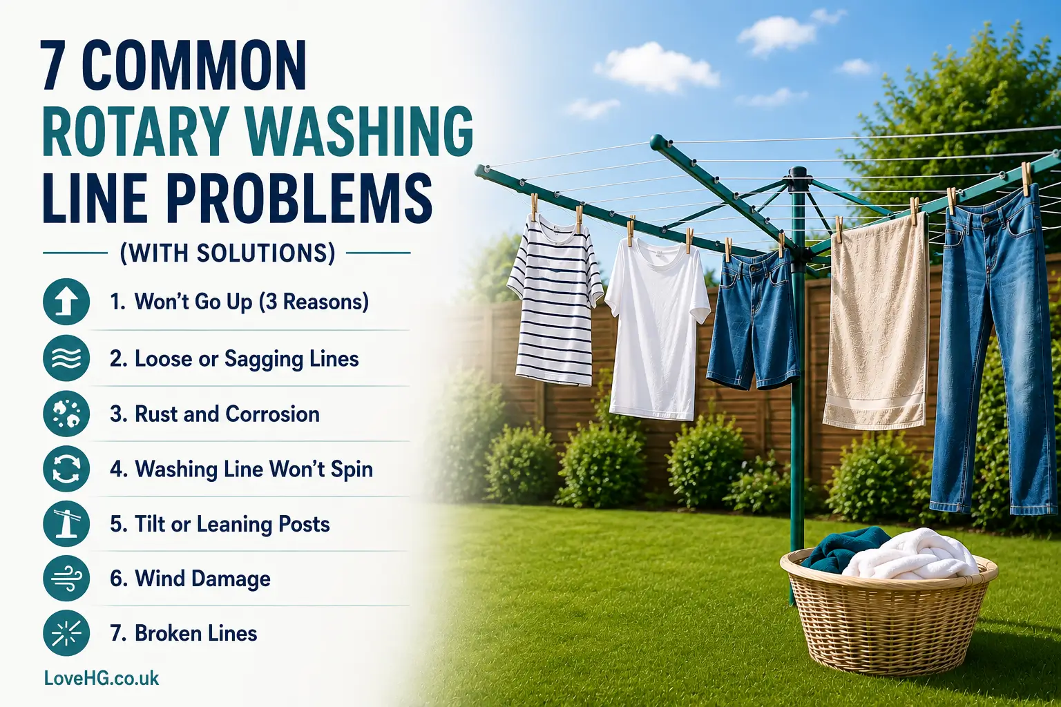 7 common rotary washing line problems with solutions, including lines not going up, sagging lines, rust, spinning problems, leaning posts, wind damage and broken lines.