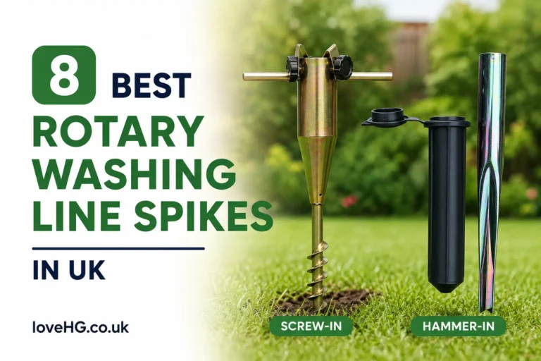 8 best rotary washing line spikes in the UK, showing screw-in and hammer-in ground spikes.
