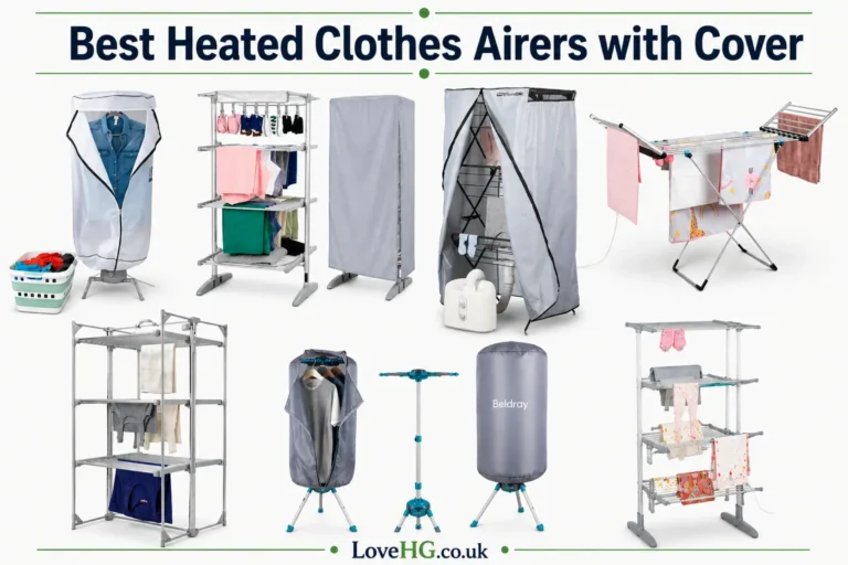 Best heated clothes airers with cover, featuring seven different heated airers and drying racks with covers, including tiered, foldable and portable designs, with LoveHG.co.uk branding.