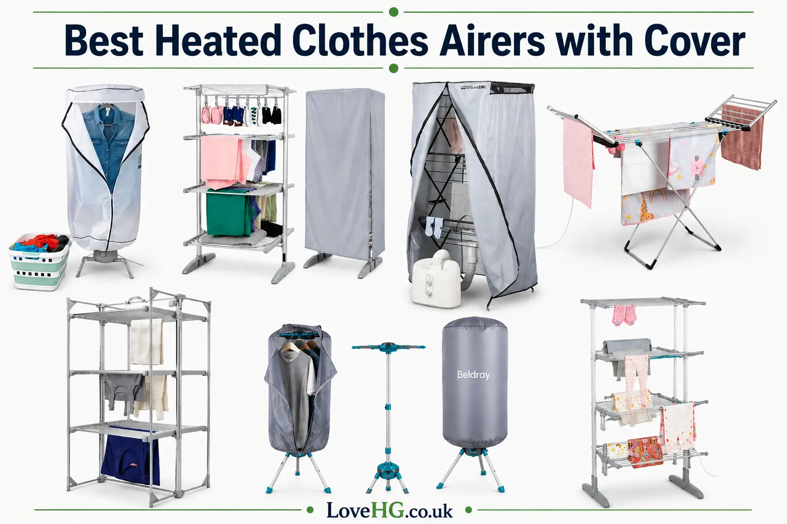 Best heated clothes airers with cover, featuring seven different heated airers and drying racks with covers, including tiered, foldable and portable designs, with LoveHG.co.uk branding.