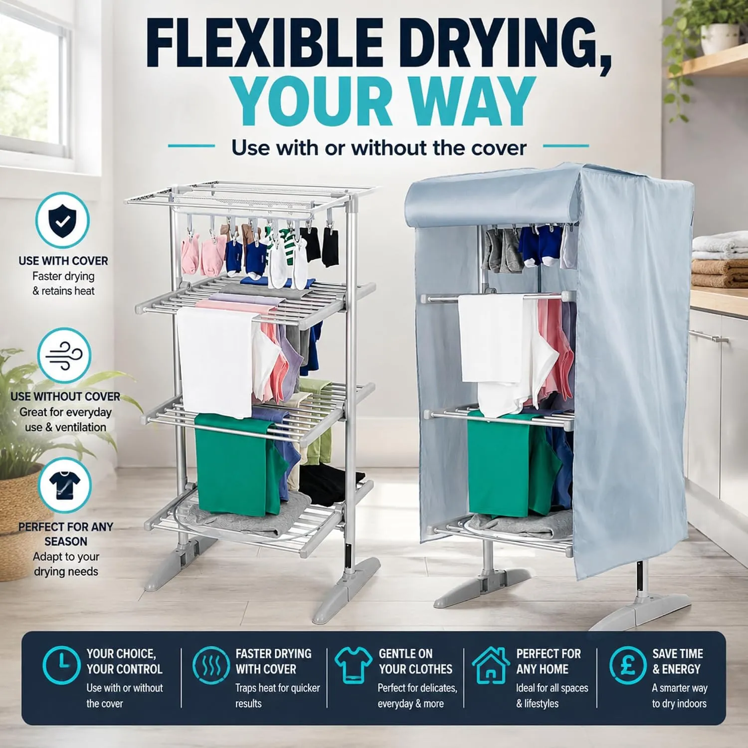 GlamHaus Digital Electric Clothes Airer with Cover