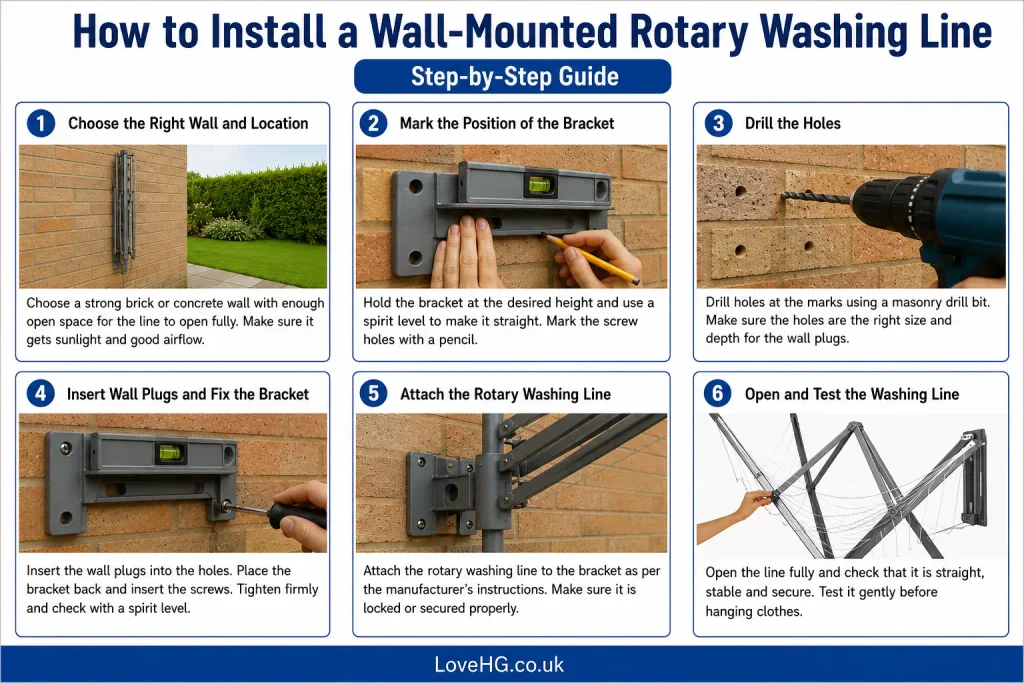 How to install a wall-mounted rotary washing line step by step, showing the bracket, drilling, fixing and testing process | LoveHG.co.uk