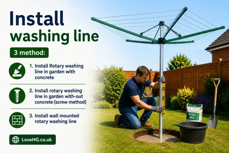 Install washing line infographic showing 3 methods: concrete installation, screw-in ground peg method and wall-mounted rotary washing line, with LoveHG.co.uk branding.