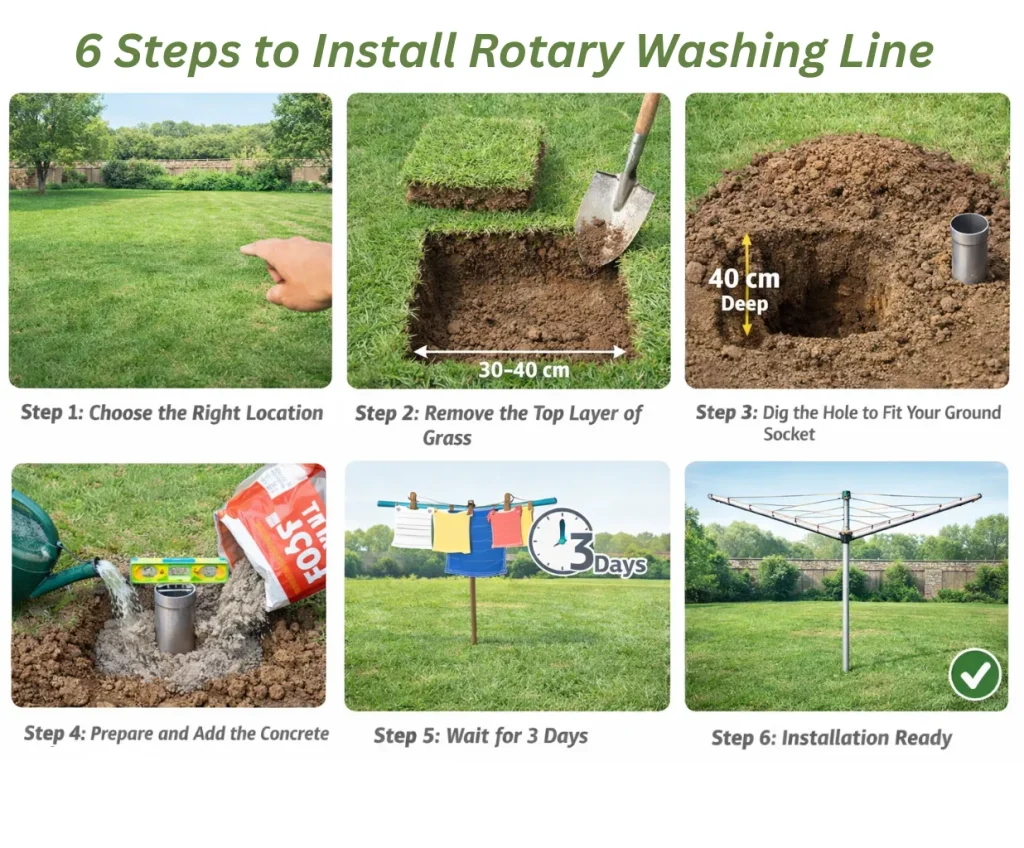 6 steps of install a rotary washing line in concrete