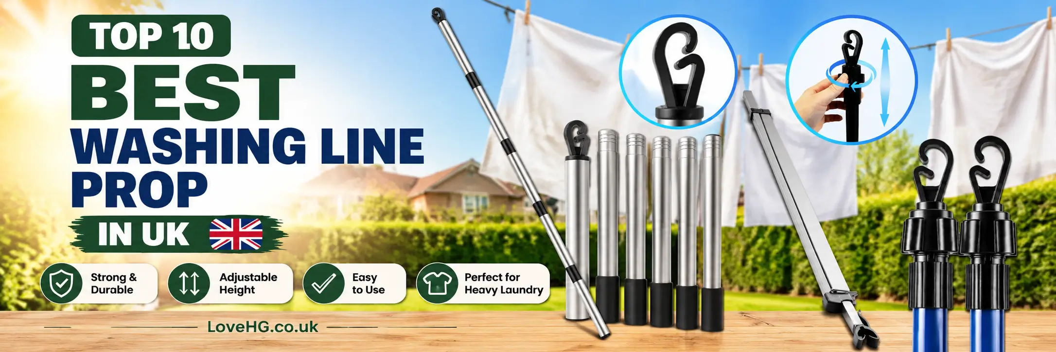Top 10 best washing line props in the UK, showing adjustable washing line props and poles in a garden below website name LoveHG.co.uk
