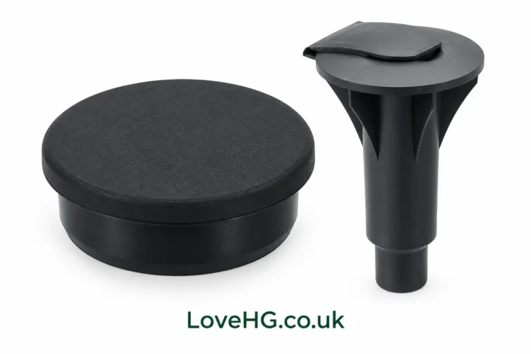 Rotary washing line hole cap and ground plug, with LoveHG.co.uk text below.