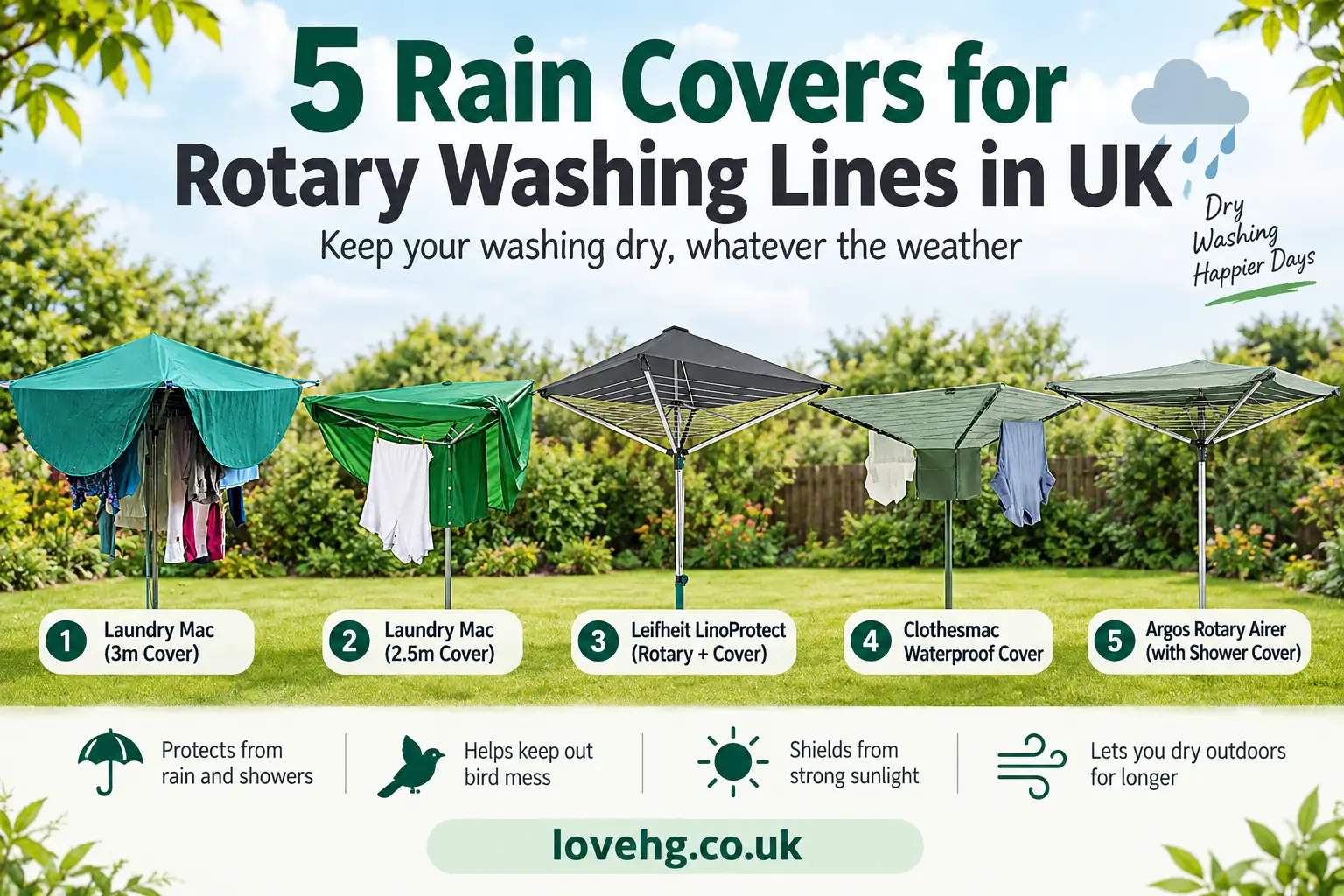 5 rain covers for rotary washing lines in the UK, including Laundry Mac, Leifheit LinoProtect, Clothesmac and Argos Rotary Airer