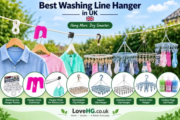 Best washing line hangers in the UK, showing different hanger hooks, clip racks and clothes pegs on a garden washing line with LoveHG.co.uk branding.