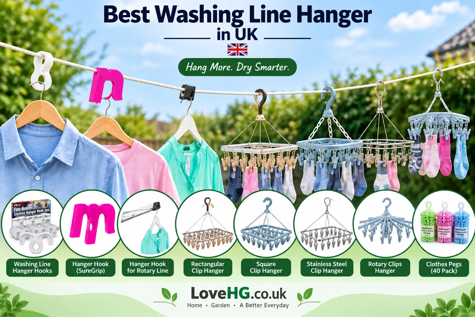 Best washing line hangers in the UK, showing different hanger hooks, clip racks and clothes pegs on a garden washing line with LoveHG.co.uk branding.