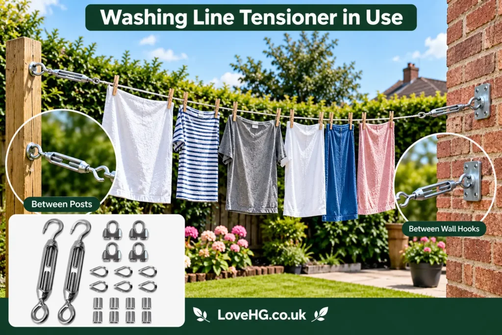 Washing line tensioner installed between a garden post and wall hook, keeping a clothesline tight with laundry hanging outdoors