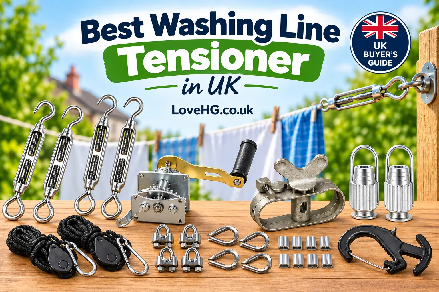 Best washing line tensioner in the UK with metal tensioners, clamps, hooks, winch and washing line rope displayed on a wooden table in a garden.