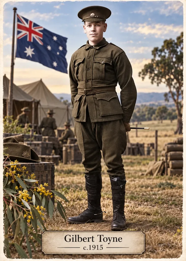Gilbert Toyne in Australian military uniform, c.1915, standing beside an Australian flag during World War I.
