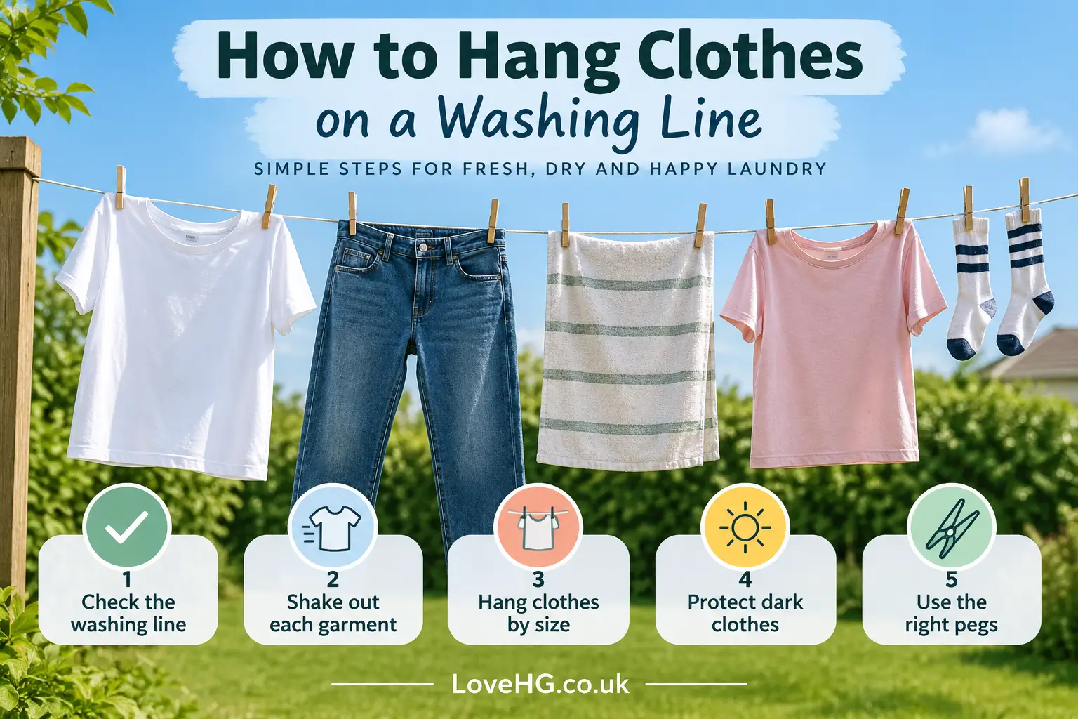 How to hang clothes on a washing line, showing five simple steps for checking the line, shaking clothes, hanging by size, protecting dark clothes, and using the right pegs.