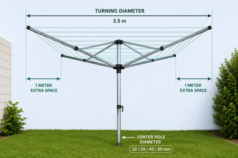 Rotary washing line showing turning diameter, 1-metre extra space and centre pole diameter measurements