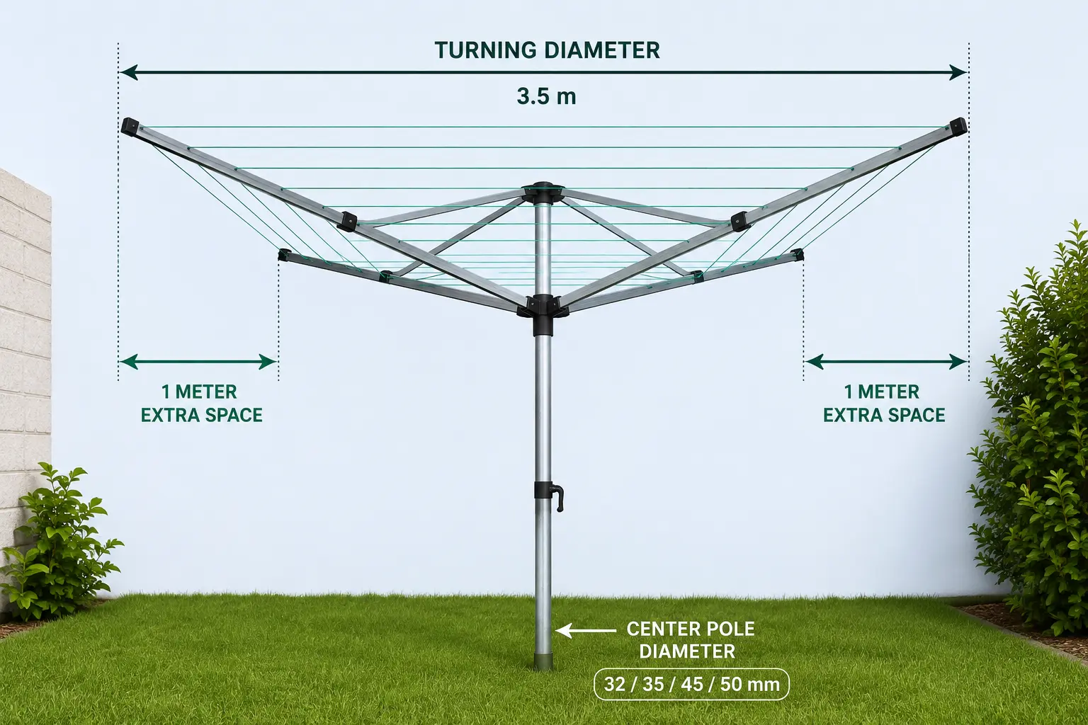 Rotary washing line showing turning diameter, 1-metre extra space and centre pole diameter measurements