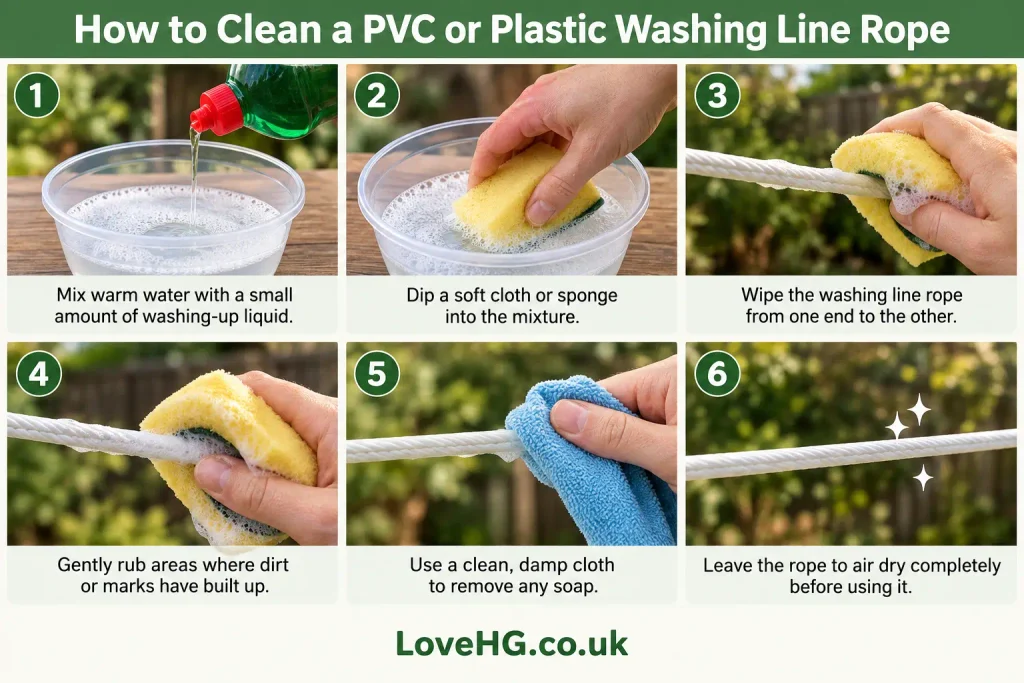 How to clean a PVC or plastic washing line rope using warm water, washing-up liquid, a sponge and a damp cloth.