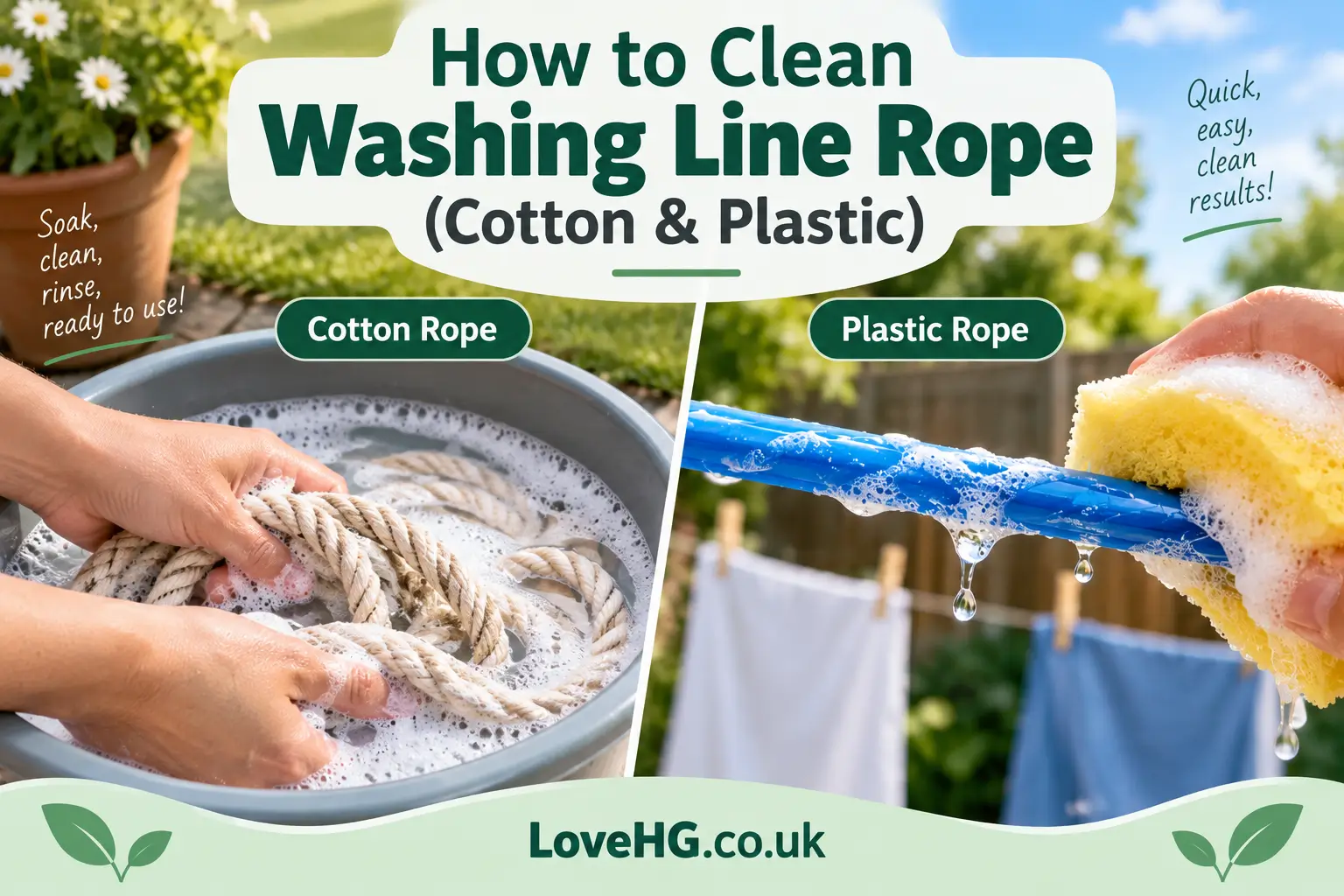 How to clean washing line rope, showing cotton rope being soaked and scrubbed in a bucket of soapy water and plastic rope being cleaned with a soapy sponge outdoors. LoveHG.co.uk