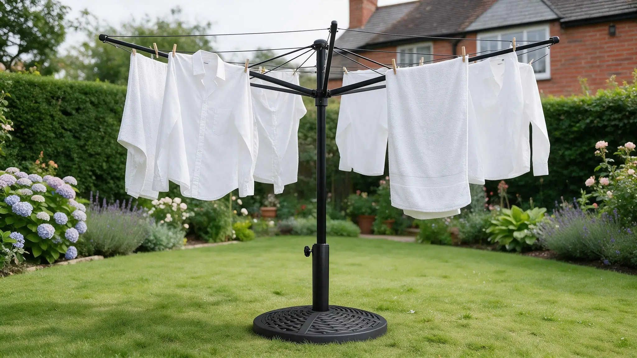 Black circular rotary washing line base with a central pole and tightening screw, photographed against a white background.
