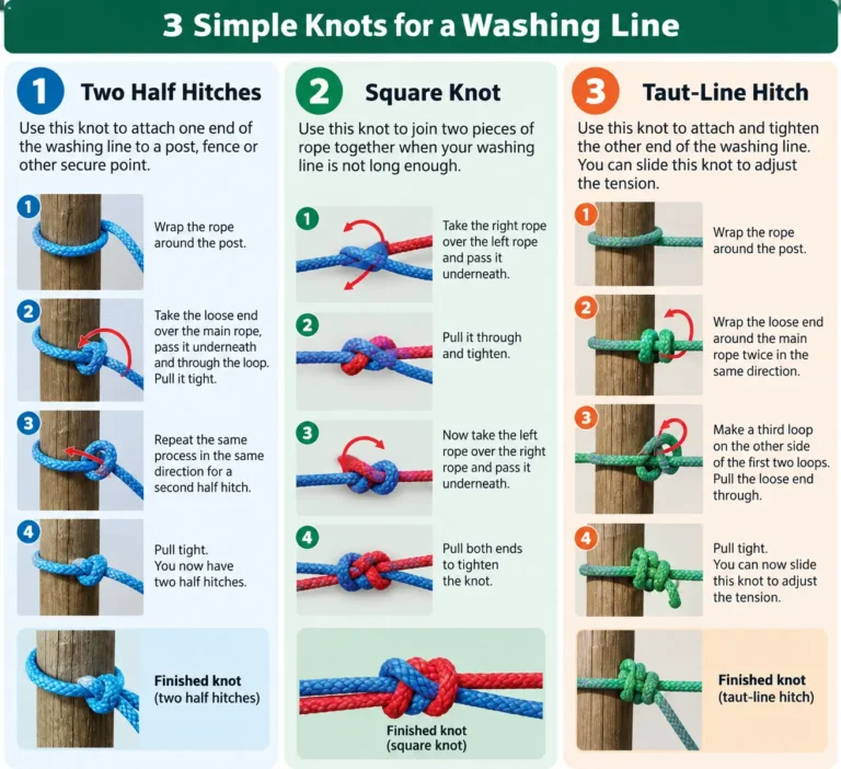Three simple knots for tying a washing line: two half hitches, a square knot and a taut-line hitch, with step-by-step rope illustrations.