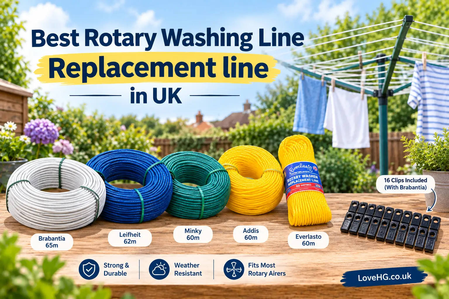 Best Rotary Washing Line Replacement Lines in UK, reviewed and compared by LoveHG.co.uk, featuring Brabantia, Leifheit, Minky, Addis and Everlasto, with 16 fastening clips included with Brabantia.