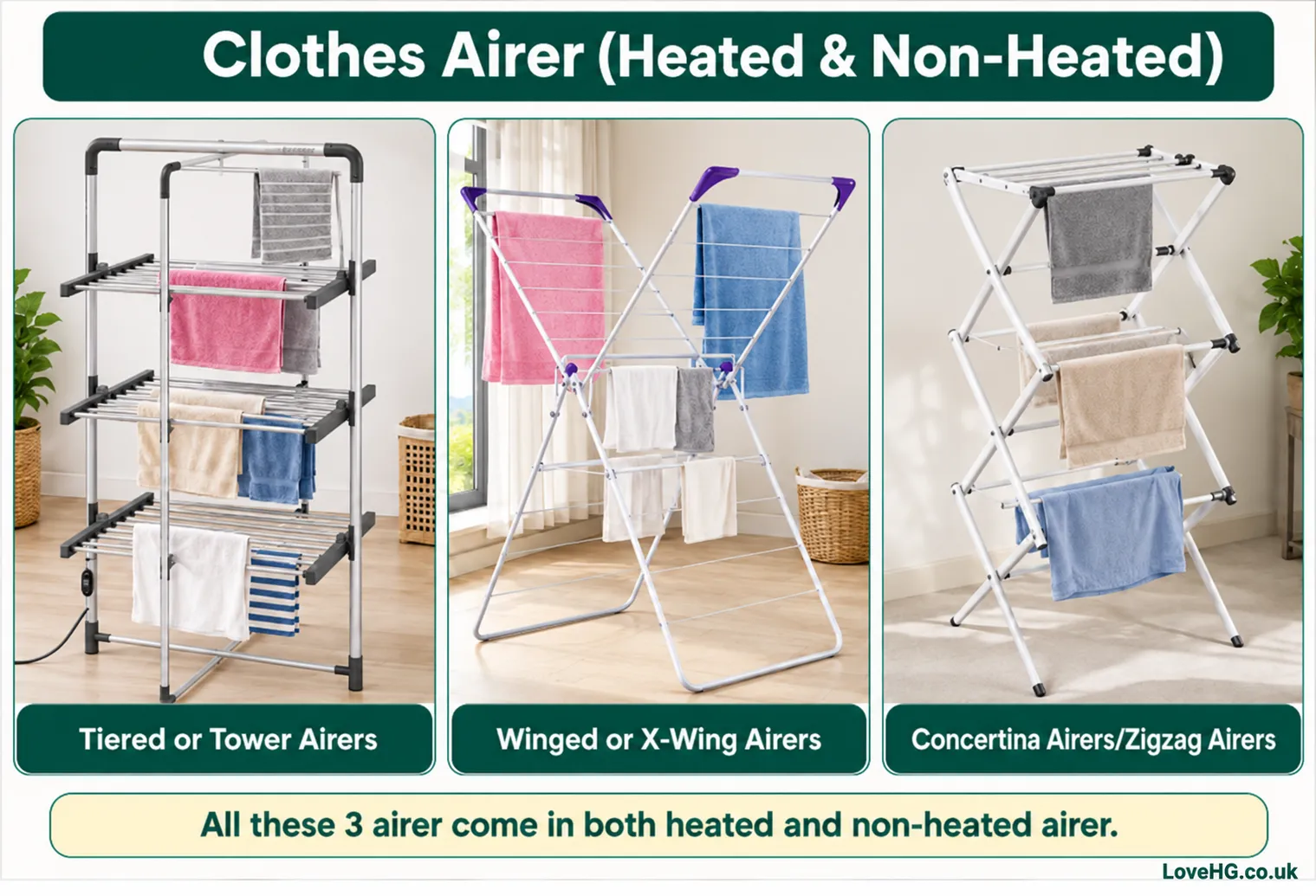 Three different clothes airers, heated and non-heated