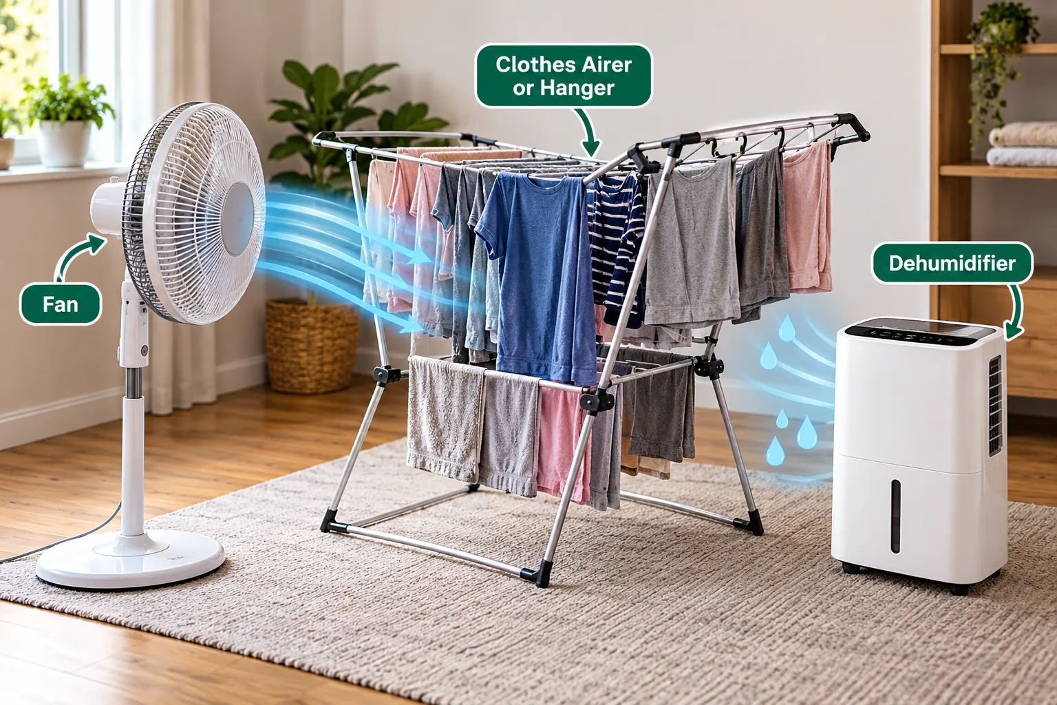 Indoor laundry drying setup infographic of dehumidifier, fan and clothes on hanger for drying