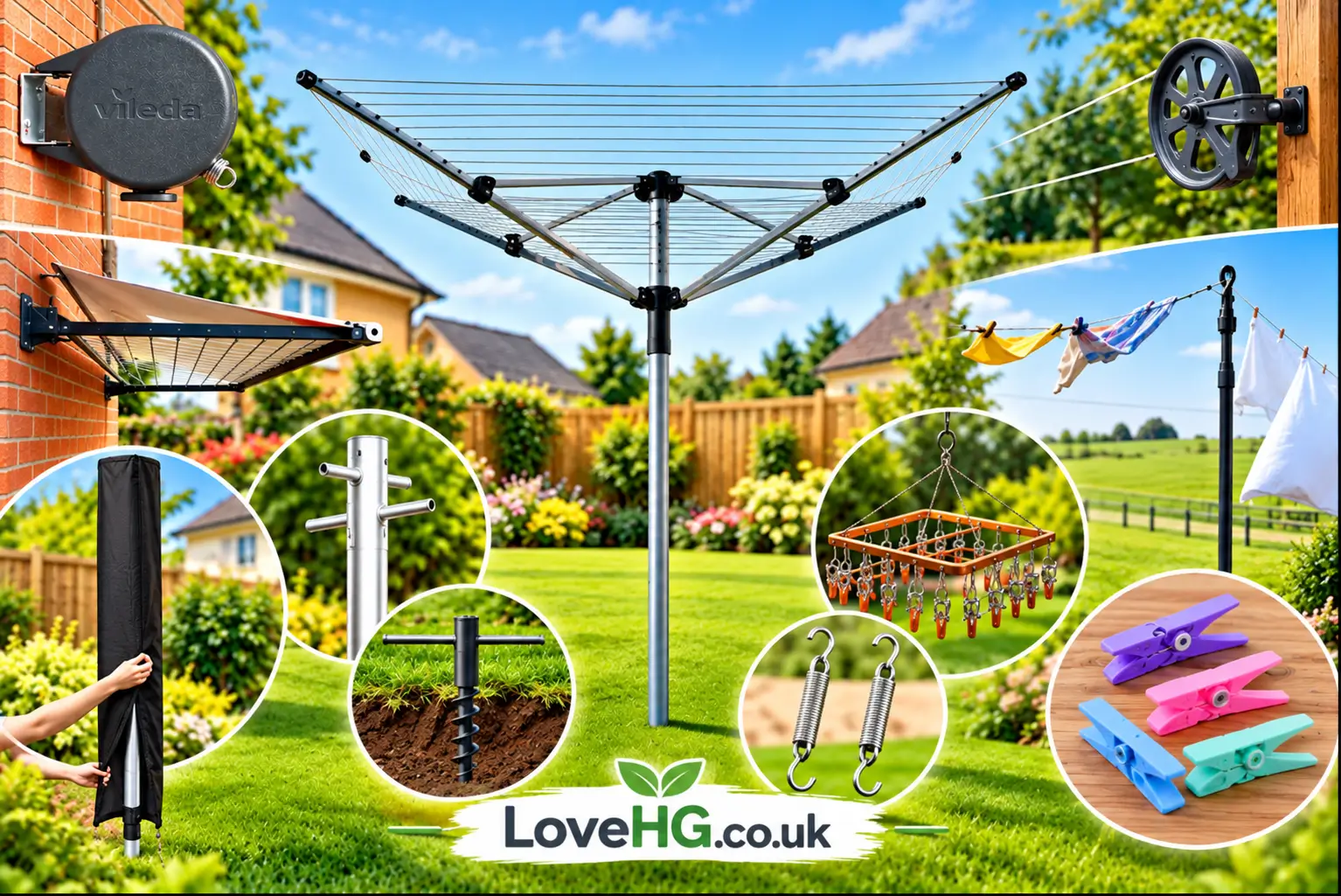 Different types of washing lines and accessories, including rotary washing lines, retractable washing lines, wall-mounted washing lines, washing line covers, ground spikes and pegs in a garden.