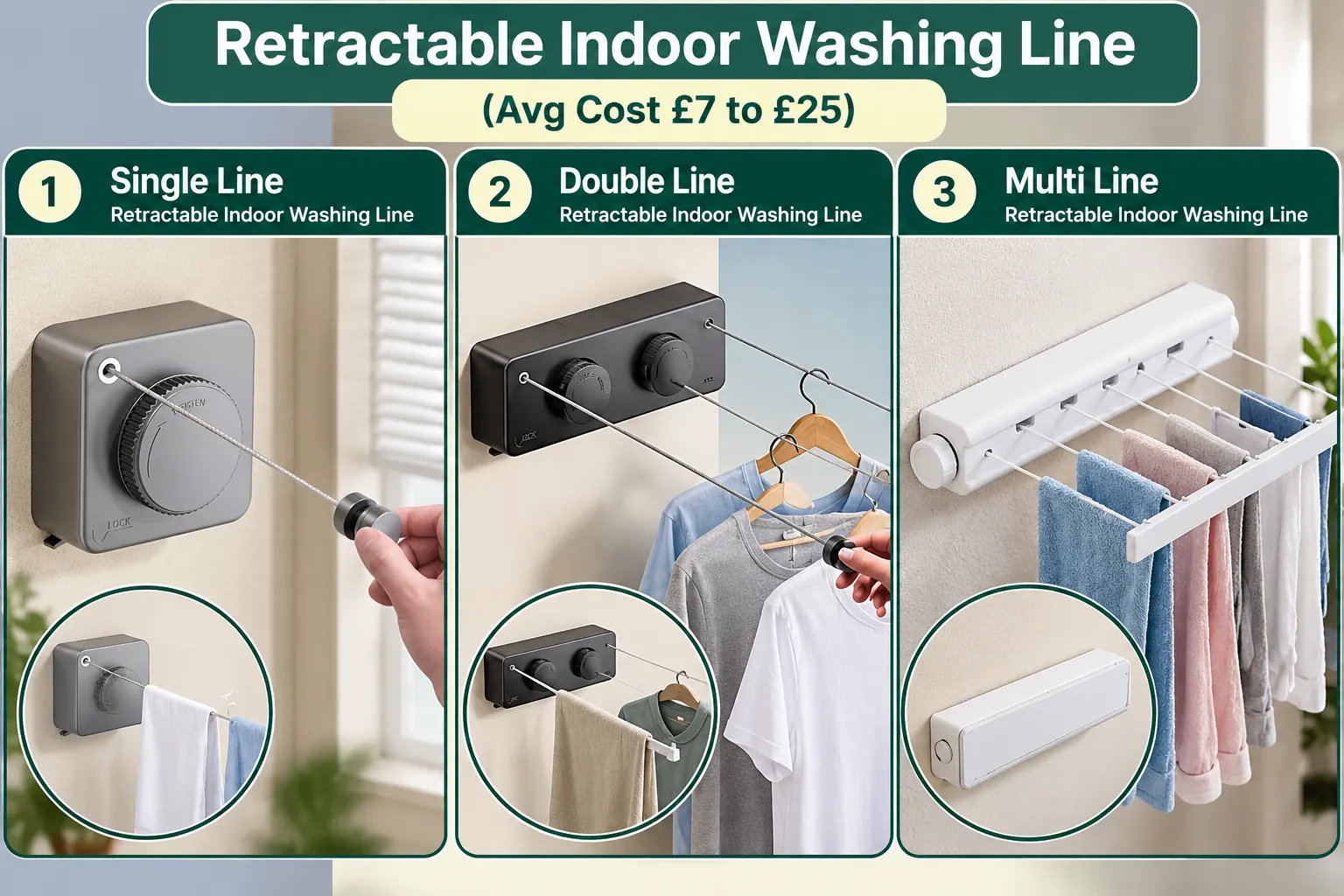 Single, double and multi line retractable indoor washing lines